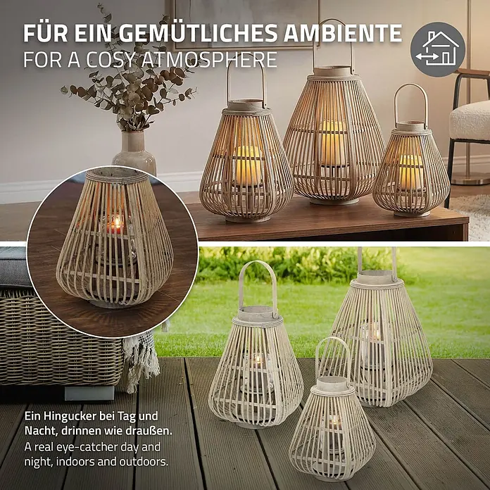 ECD Germany Windlicht Boho Bambus Laterne - Ø x H: 24 x 50 cm, Natur, 1 Stk. - Set aus 3 hellen Bambuslaternen in verschiedenen Größen, beleuchtet, für gemütliches Ambiente innen und außen.