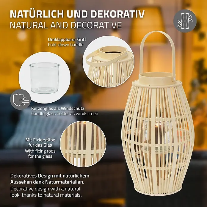 ECD Germany Windlicht Boho Bambus Laterne - Ø x H: 28 x 46 cm, Natur, 1 Stk. - Eine natürliche Bambuslaterne mit Windschutzglas und klappbarem Griff für dekorative Zwecke.