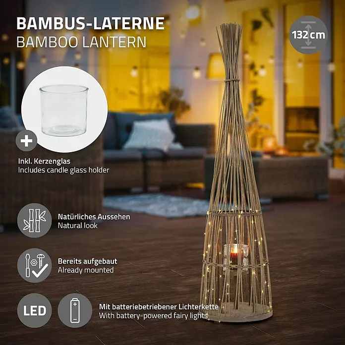 ECD Germany Windlicht Boho Bambus Laterne - Ø x H: 34 x 132 cm, Natur, 1 Stk. - Große (132 cm) Bambuslaterne in konischer Form, mit integrierten batteriebetriebenen Lichterketten und Teelichtglas.