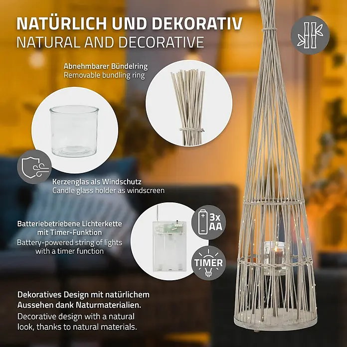 ECD Germany Windlicht Boho Bambus Laterne - Ø x H: 35,5 x 150 cm, Natur, 1 Stk. - Dekorative Laterne aus Bambusstäben, Kerzenglashalter und batteriebetriebener Lichterkette mit Timerfunktion.
