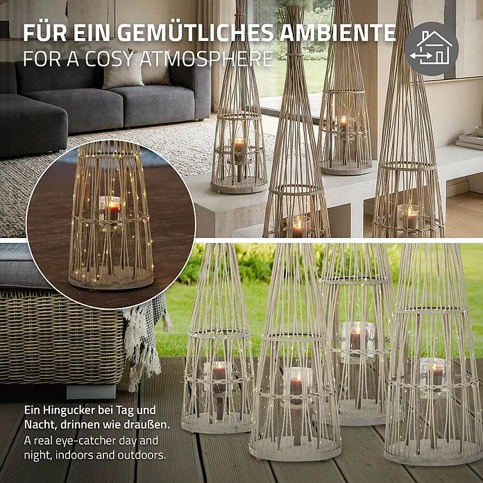 ECD Germany Windlicht Boho Bambus Laterne - Ø x H: 35,5 x 150 cm, Natur, 1 Stk. - Naturgeflecht-Laternen mit Kerzen/LEDs, schaffen gemütliches Ambiente drinnen und draußen.