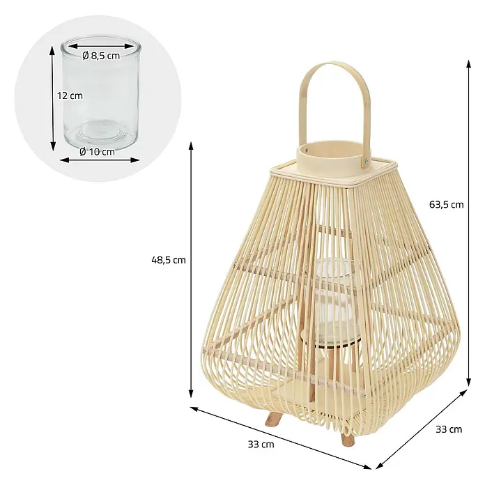 ECD Germany Windlicht Boho Bambus Laterne - Ø x H: 33 x 63,5 cm, Natur, 1 Stk. - Helle Rattan-Laterne mit Henkel und Glaseinsatz für eine Kerze, Maße angegeben.