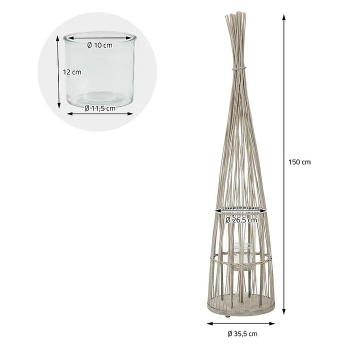 ECD Germany Windlicht Boho Bambus Laterne - Ø x H: 35,5 x 150 cm, Natur, 1 Stk. - Hohe Laterne aus hellen Naturzweigen, 150 cm hoch, mit klarem Glas-Kerzenhalter-Einsatz.