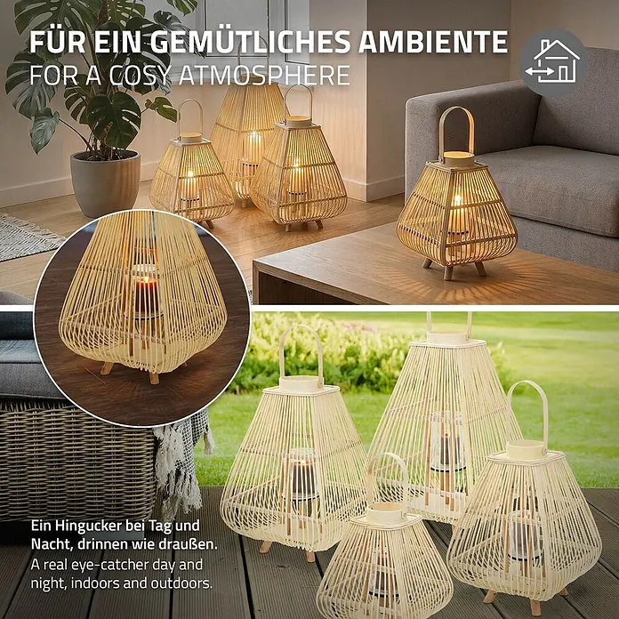 ECD Germany Windlicht Boho Bambus Laterne - Ø x H: 33 x 63,5 cm, Natur, 1 Stk. - Set heller Bambuslaternen mit Kerzen für gemütliche Atmosphäre drinnen und draußen. Verschiedene Größen.