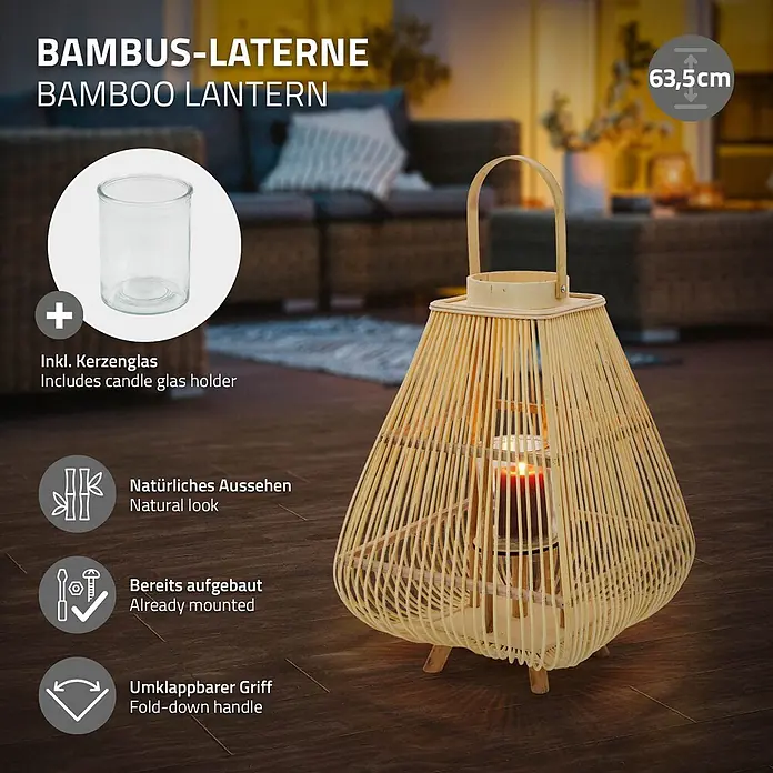 ECD Germany Windlicht Boho Bambus Laterne - Ø x H: 33 x 63,5 cm, Natur, 1 Stk. - Natürliche Bambuslaterne, 63,5cm, inklusive Kerzenglas und brennender Kerze, in Innenraumatmosphäre.