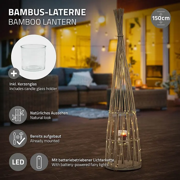 ECD Germany Windlicht Boho Bambus Laterne - Ø x H: 35,5 x 150 cm, Natur, 1 Stk. - 150 cm hohe Bambus-Laterne mit batteriebetriebener Lichterkette und Kerzenglas, spendet warmes Licht auf der Terrasse.