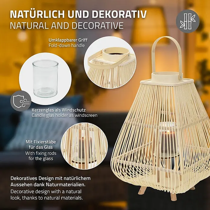 ECD Germany Windlicht Boho Bambus Laterne - Ø x H: 33 x 63,5 cm, Natur, 1 Stk. - Dekorative, helle Laterne aus Naturmaterialien mit Glaskerzenhalter und Klappgriff.
