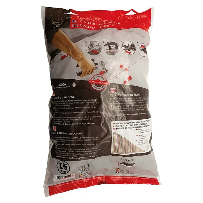 Heka Nivofix Laschen - Geeignet für: Plattenstärke 3 - 12 mm, 250 Stk. - Klare Plastiktüte mit 250 NIVOFIX Fliesen-Nivellierlaschen, Produktinfos für 1,5 mm Fugen und 3-12 mm Fliesenstärke.