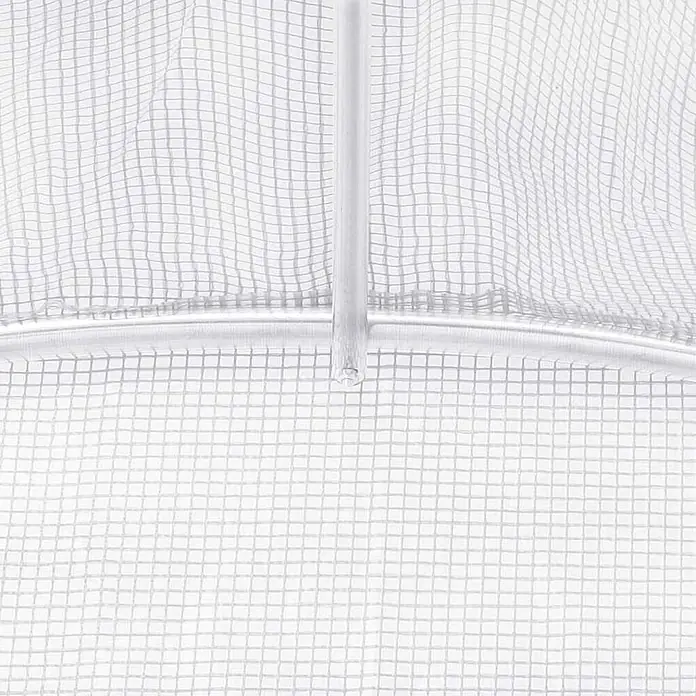 Furnicato Gewächshaus verzinkter Stahl - 5 x 4 cm, Material Seitenwand: Kunststoff, 38 mm, Grau - Detail einer transparenten, gitterverstärkten Gewächshausabdeckung mit silberner Metallstützstange.