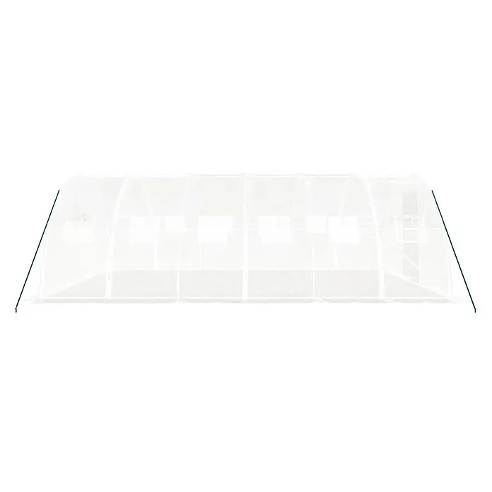 Furnicato Gewächshaus verzinkter Stahl - 6 x 4 cm, Material Seitenwand: Kunststoff, 38 mm, Grau - Langes, weißes, durchscheinendes Gewächshaustunnel mit grünen Stützstangen, mehreren Bogenabschnitten und Lüftungsfenstern.