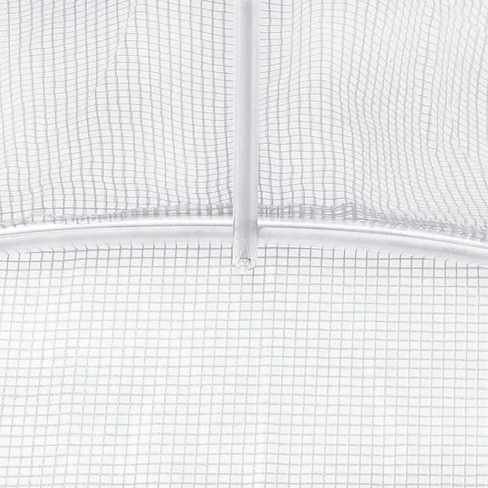 Furnicato Gewächshaus verzinkter Stahl - 4 x 4 cm, Material Seitenwand: Kunststoff, 38 mm, Grau - Weißer, gitterverstärkter transparenter Film, zeigt eine Stützstange und einen Rahmenteil.