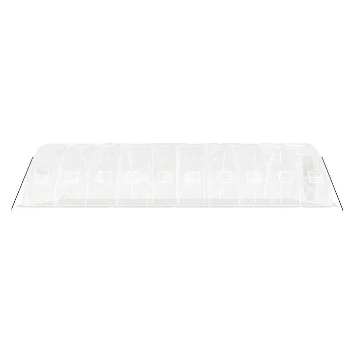 Furnicato Gewächshaus - Außenmaß inkl. Dachüberstand (B x T): 500 x 1.000 cm, Material Seitenwand: Kunststoff, 38 mm, Grau - Langes weißes Tunnelgewächshaus mit durchsichtiger Abdeckung und mehreren Seitenfenstern, gestützt von grünen Stangen an den Enden.