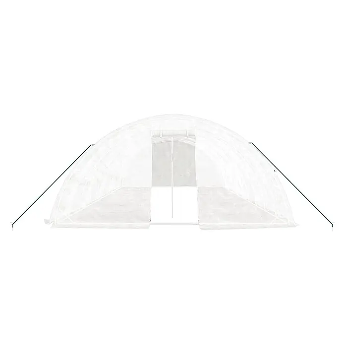 Furnicato Gewächshaus - Außenmaß inkl. Dachüberstand (B x T): 500 x 1.000 cm, Material Seitenwand: Kunststoff, 38 mm, Grau - Weißes, transparentes Tunnelgewächshaus mit gewölbtem Dach und Frontöffnung, stabilisiert durch grüne Abspannseile an beiden Seiten.