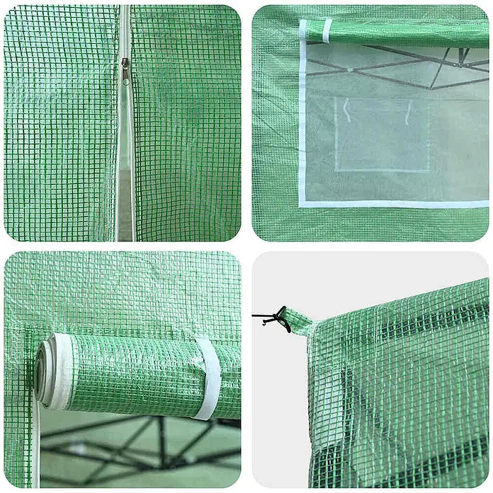 Furnicato Gewächshaus - Außenmaß inkl. Dachüberstand (B x T): 200 x 200 cm, Material Seitenwand: Kunststoff, 38 mm, Grün - Grüne gitterverstärkte Gewächshausabdeckung mit Reißverschluss, aufrollbarem Eingang, klarem Fenster und Befestigungsbändern.