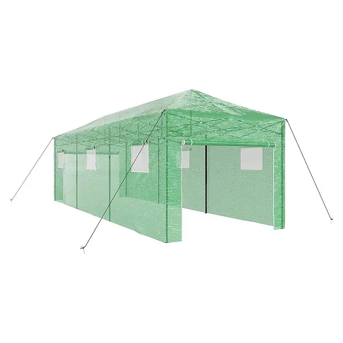 Furnicato Gewächshaus - Außenmaß inkl. Dachüberstand (B x T): 870 x 290 cm, Material Seitenwand: Kunststoff, 38 mm, Grün - Langes, rechteckiges, durchscheinendes grünes Gewächshauszelt mit weißen Fenstern und Abspannseilen.