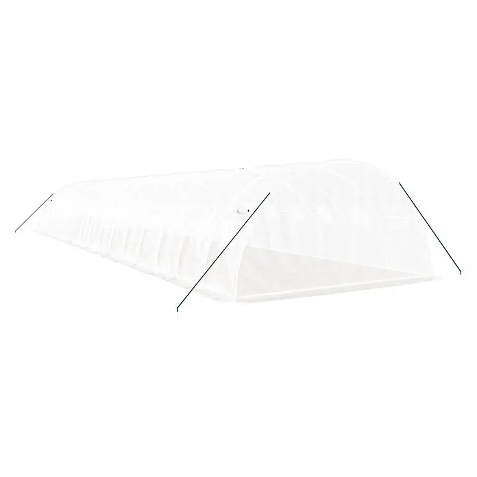 Furnicato Gewächshaus - Außenmaß inkl. Dachüberstand (B x T): 400 x 1.600 cm, Material Seitenwand: Kunststoff, 38 mm, Grau - Langes, weißes Folientunnel-Gewächshaus mit transparenter Abdeckung und grünen Erdspießen.