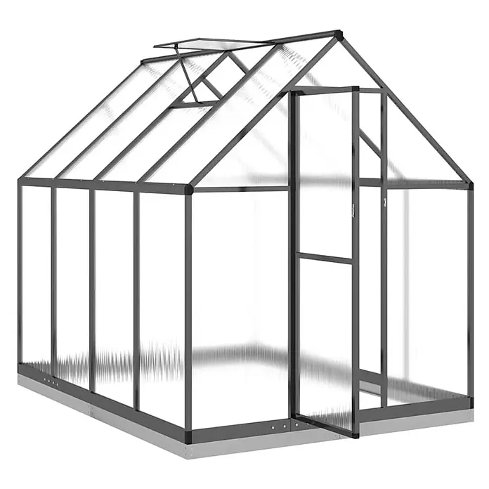 Furnicato Gewächshaus - Außenmaß inkl. Dachüberstand (B x T): 169 x 224 cm, Material Seitenwand: Kunststoff, 38 mm, anthrazit - Dunkelgrau gerahmtes Gewächshaus mit transparenten Paneelen, offener Tür und Dachluke.