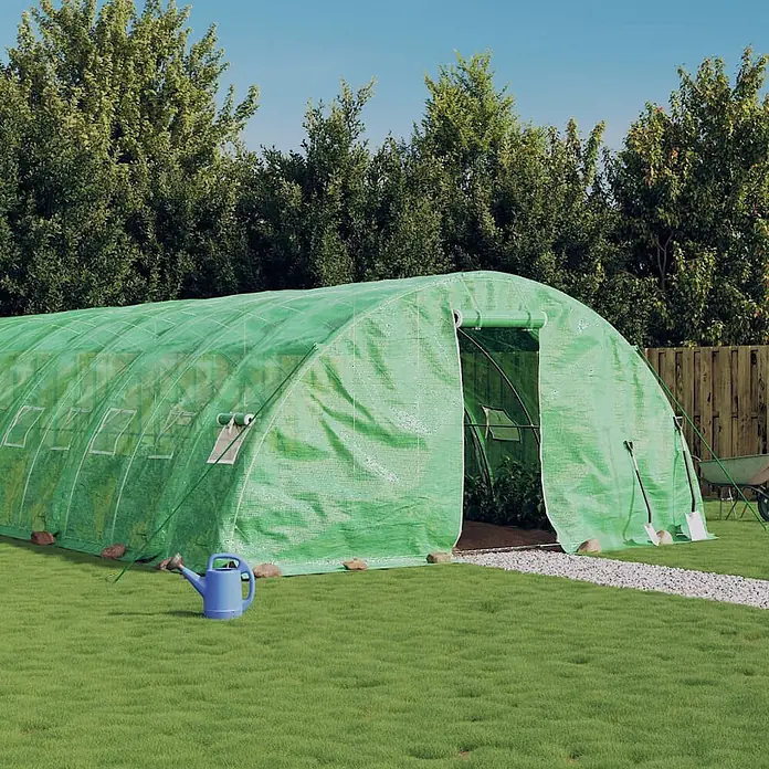 Furnicato Gewächshaus - 20 x 5 cm, Material Seitenwand: Kunststoff, 38 mm, Grau - Grüner Folientunnel mit offener Tür in einem Garten. Pflanzen sind innen sichtbar.