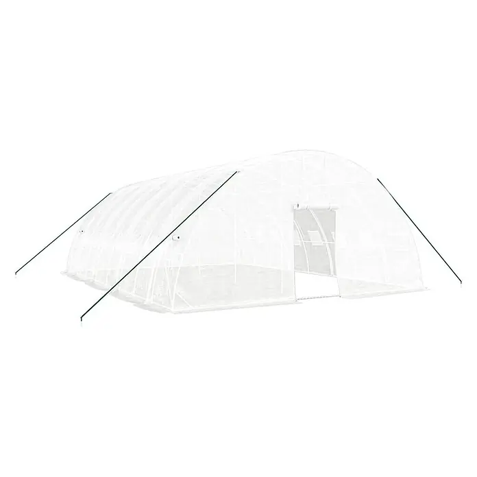 Furnicato Gewächshaus verzinkter Stahl - 8 x 6 cm, Material Seitenwand: Kunststoff, 38 mm, Grau - Ein begehbares Gewächshaus mit transparenter Kunststoffabdeckung, weißem Rahmen und grünen Abspannseilen.