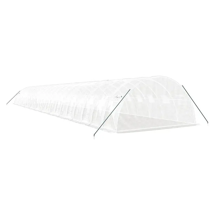 Furnicato Gewächshaus - Außenmaß inkl. Dachüberstand (B x T): 400 x 220 cm, Material Seitenwand: Kunststoff, 38 mm, Grau - Langes, durchsichtiges weißes Folien-Tunnelgewächshaus mit internen Stützbügeln und grünen Verankerungsstäben.