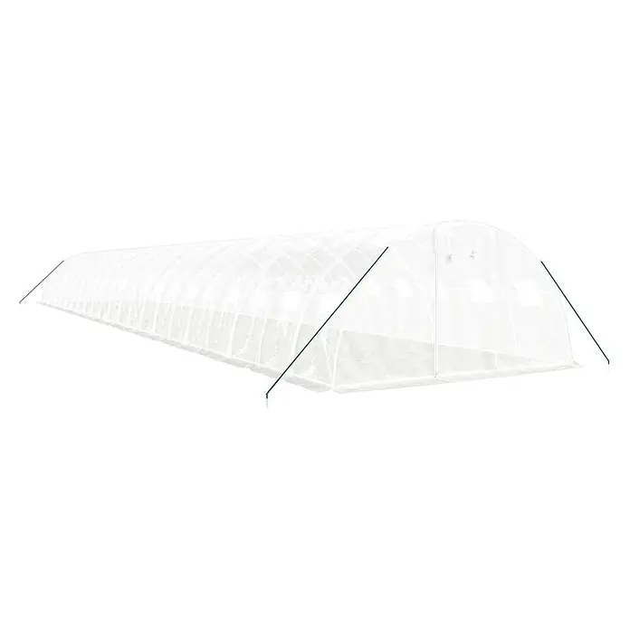 Furnicato Gewächshaus - Außenmaß inkl. Dachüberstand (B x T): 400 x 220 cm, Material Seitenwand: Kunststoff, 38 mm, Grau - Langes, weißes, transluzentes Tunnelgewächshaus mit grünen Stützpfählen.
