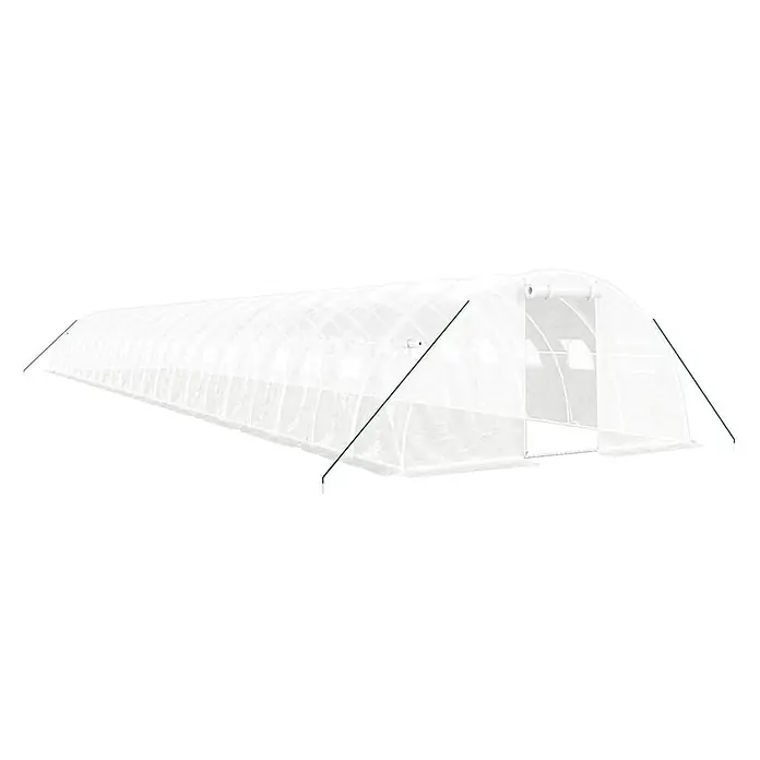 Furnicato Gewächshaus - Außenmaß inkl. Dachüberstand (B x T): 400 x 220 cm, Material Seitenwand: Kunststoff, 38 mm, Grau - Langes, weißes, transparentes Foliengewächshaus mit grünen Stützstangen und gewölbtem Eingang.