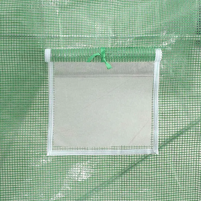 Furnicato Gewächshaus verzinkter Stahl - 16 x 6 cm, Material Seitenwand: Kunststoff, 38 mm, Grau - Grüner, gitterverstärkter Gewächshausbezug mit hochgerolltem weißen Netzfenster, mit grünem Band befestigt.