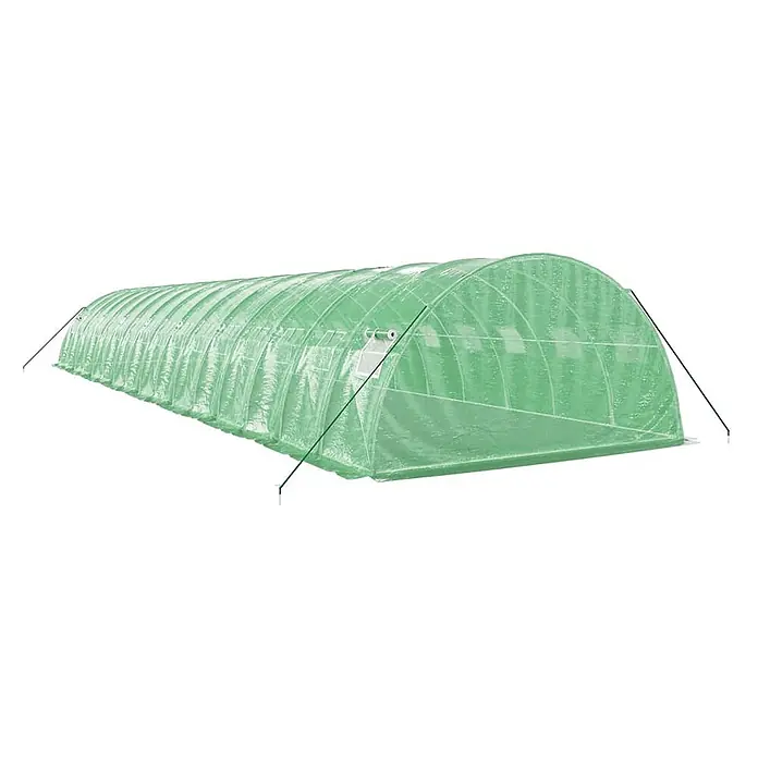 Furnicato Gewächshaus - Außenmaß inkl. Dachüberstand (B x T): 400 x 1.600 cm, Material Seitenwand: Kunststoff, 38 mm, Grau - Langes, tunnelförmiges Gewächshaus mit durchscheinender grüner Kunststoffabdeckung und Abspannseilen.