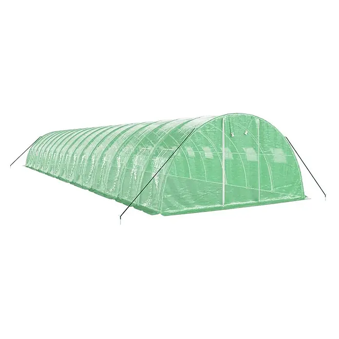 Furnicato Gewächshaus - Außenmaß inkl. Dachüberstand (B x T): 400 x 1.600 cm, Material Seitenwand: Kunststoff, 38 mm, Grau - Langer, gewölbter Gewächshaustunnel mit durchscheinender grüner Plastikabdeckung und äußeren Stützseilen.