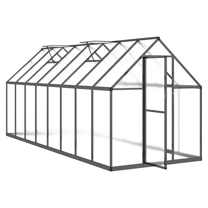 Furnicato Gewächshaus - 169 x 445 cm, Material Seitenwand: Kunststoff, 38 mm, anthrazit - Langes, dunkelgraues Gewächshaus mit transparenten Platten, Dachlüftungsfenstern und geöffneter Tür.