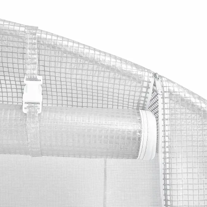 Furnicato Gewächshaus verzinkter Stahl - 10 x 2 cm, Material Seitenwand: Kunststoff, 38 mm, Grau - Transparentes, gerastertes Gewebe einer Gewächshausabdeckung mit weißem Verschluss, der eine aufgerollte Klappe hält, und Reißverschluss.