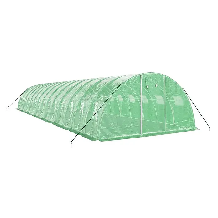 Furnicato Gewächshaus - Außenmaß inkl. Dachüberstand (B x T): 400 x 1.400 cm, Material Seitenwand: Kunststoff, 38 mm, Grau - Langes, gewölbtes Folientunnel-Gewächshaus mit durchscheinender grüner Abdeckung und sichtbarem Rahmen für den Pflanzenanbau.