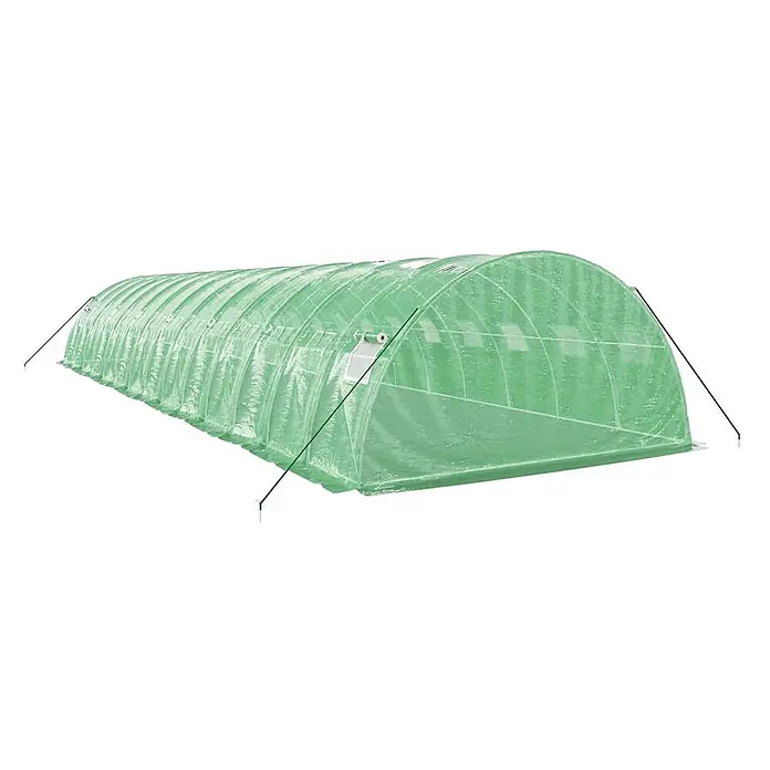 Furnicato Gewächshaus - Außenmaß inkl. Dachüberstand (B x T): 400 x 1.400 cm, Material Seitenwand: Kunststoff, 38 mm, Grau - Langer, gewölbter Gewächshaustunnel mit durchscheinender grüner Folienabdeckung und Abspannseilen.
