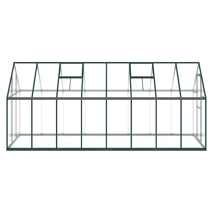Furnicato Gewächshaus - 169 x 445 cm, Material Seitenwand: Kunststoff, 38 mm, silber - Grün gerahmtes Gewächshaus mit transparenten Paneelen und zwei geöffneten Dachfenstern.