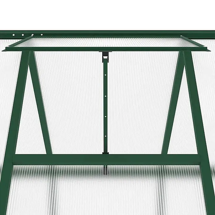 Furnicato Gewächshaus - 169 x 445 cm, Material Seitenwand: Kunststoff, 38 mm, silber - Grün umrahmtes Gewächshaus-Dachfenster mit transparenten Wellplatten, zur Belüftung geöffnet.