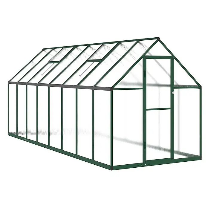 Furnicato Gewächshaus - 169 x 445 cm, Material Seitenwand: Kunststoff, 38 mm, silber - Gewächshaus mit dunkelgrünem Rahmen, transparenten Platten und Dachluken.