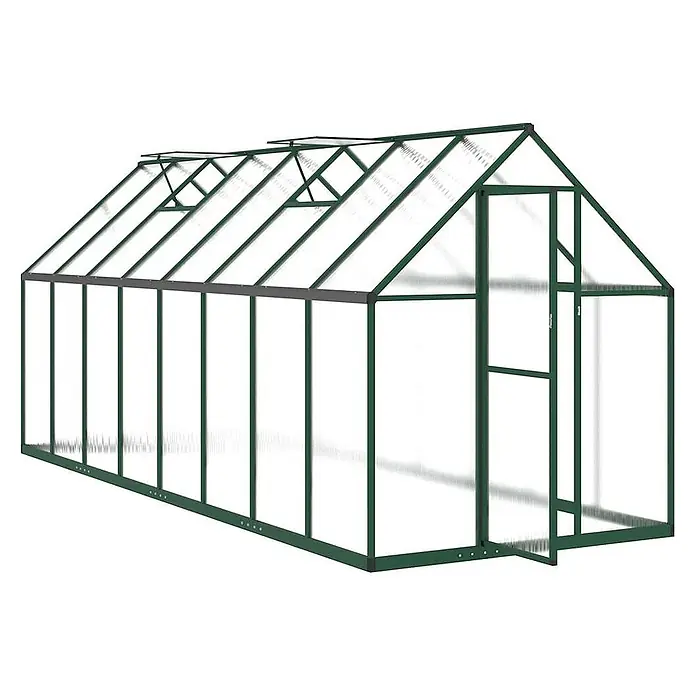 Furnicato Gewächshaus - 169 x 445 cm, Material Seitenwand: Kunststoff, 38 mm, silber - Langes Gewächshaus mit dunkelgrünem Aluminiumrahmen, transparenten Polycarbonatplatten, Satteldach mit Lüftungsfenstern und Schiebetür.