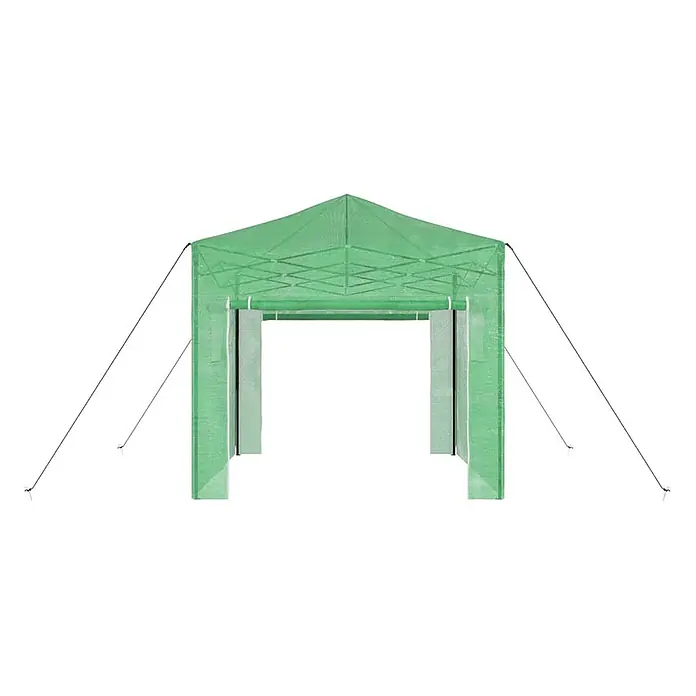 Furnicato Gewächshaus - Außenmaß inkl. Dachüberstand (B x T): 290 x 290 cm, Material Seitenwand: Kunststoff, 38 mm, Grün - Grünes begehbares Gewächshauszelt mit offenem Eingang und Abspannseilen.