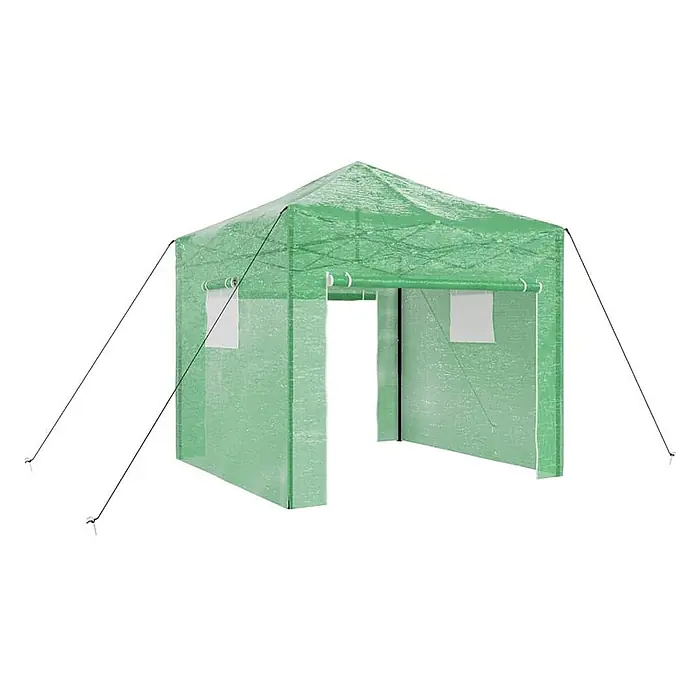 Furnicato Gewächshaus - Außenmaß inkl. Dachüberstand (B x T): 290 x 290 cm, Material Seitenwand: Kunststoff, 38 mm, Grün - Grünes, tragbares Gewächshauszelt mit offenem Eingang und sichtbaren Abspannseilen.