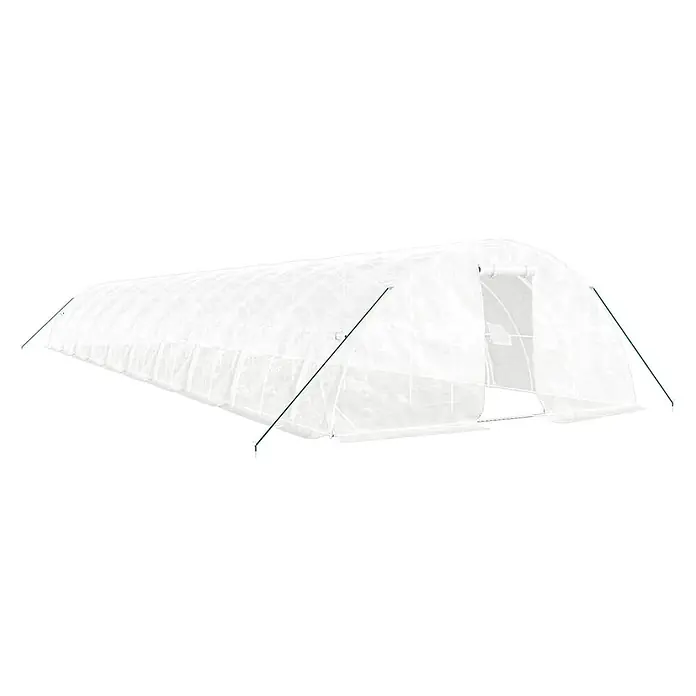 Furnicato Gewächshaus - Außenmaß inkl. Dachüberstand (B x T): 500 x 2.000 cm, Material Seitenwand: Kunststoff, 38 mm, Grau - Weißes, transparentes Tunnelgewächshaus mit Metallrahmen und Eingangstür, gesichert mit grünen Seilen.