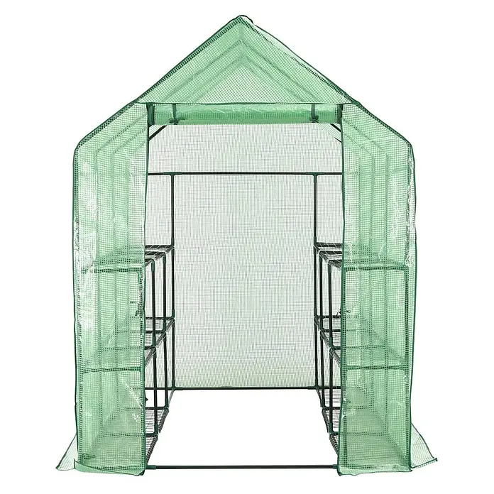 Furnicato Gewächshaus - 143 x 214 cm, Material Seitenwand: Kunststoff, 38 mm, grün - Grünes tragbares Gewächshaus mit transparenter, gitterverstärkter Abdeckung und Innenregalen für Pflanzen.
