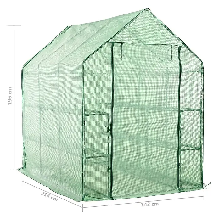 Furnicato Gewächshaus - 143 x 214 cm, Material Seitenwand: Kunststoff, 38 mm, grün - Grünes begehbares Gewächshaus mit Netzgewebeabdeckung und Maßen von 196 cm Höhe, 214 cm Länge und 143 cm Breite.