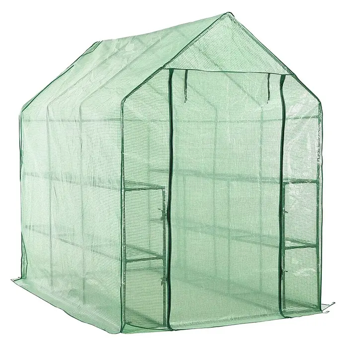 Furnicato Gewächshaus - 143 x 214 cm, Material Seitenwand: Kunststoff, 38 mm, grün - Tragbares grünes Netz-Gewächshaus mit Reißverschluss-Eingang und Innenregalen für Pflanzen.