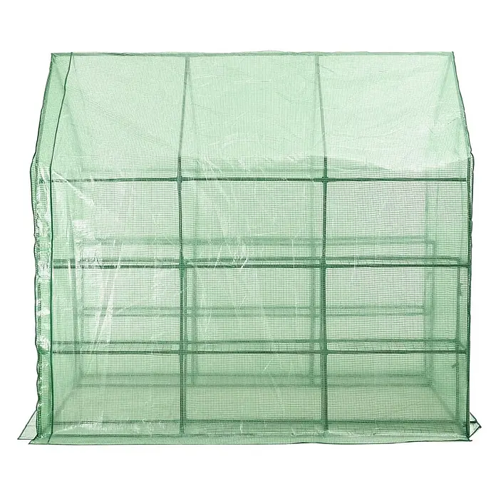 Furnicato Gewächshaus - 143 x 214 cm, Material Seitenwand: Kunststoff, 38 mm, grün - Grünes, tragbares Gewächshaus mit durchsichtiger Netzabdeckung und Regalen für Pflanzen.