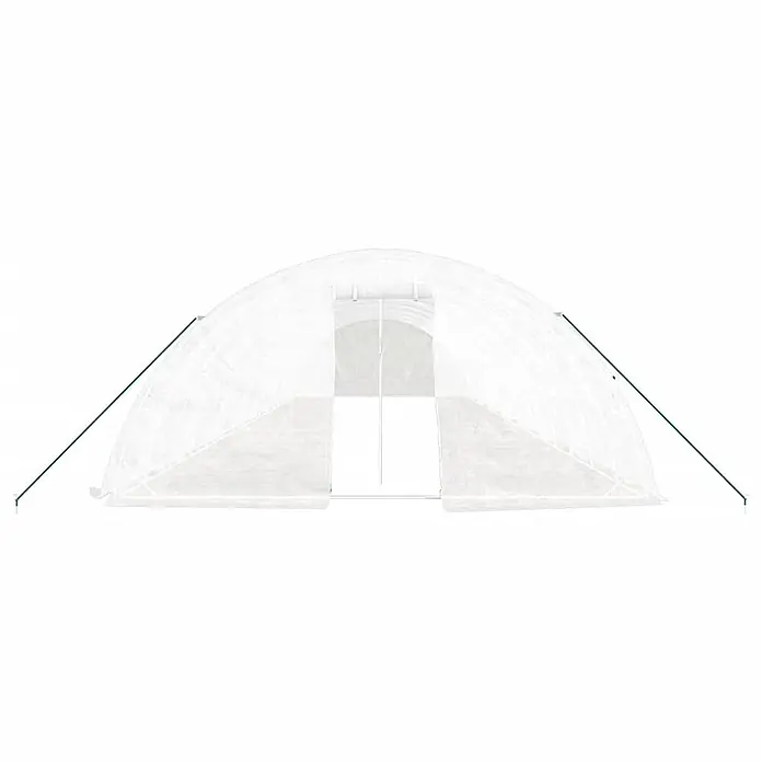Furnicato Gewächshaus - Außenmaß inkl. Dachüberstand (B x T): 500 x 1.600 cm, Material Seitenwand: Kunststoff, 38 mm, Grau - Weißes, lichtdurchlässiges Tunneltreibhaus mit grünen Abspannseilen und offenem Eingang.