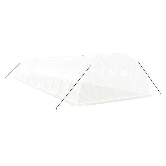 Furnicato Gewächshaus - Außenmaß inkl. Dachüberstand (B x T): 400 x 1.400 cm, Material Seitenwand: Kunststoff, 38 mm, Grau - Langer weißer, lichtdurchlässiger Gewächshaus-Tunnel mit grünen Stützstangen.