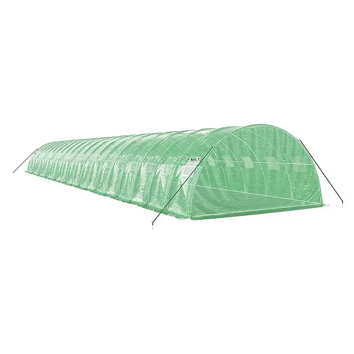 Furnicato Gewächshaus - Außenmaß inkl. Dachüberstand (B x T): 400 x 200 cm, Material Seitenwand: Kunststoff, 38 mm, Grau - Langer, gewölbter Folientunnel aus durchscheinender grüner Folie, mit Seitenfenstern und Bodenheringen.