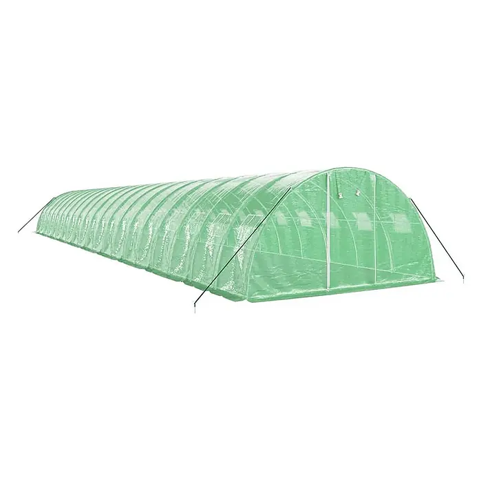 Furnicato Gewächshaus - Außenmaß inkl. Dachüberstand (B x T): 400 x 200 cm, Material Seitenwand: Kunststoff, 38 mm, Grau - Langer, bogenförmiger Gewächshaustunnel aus durchscheinendem grünem Kunststoff mit Gestell und Abspannseilen.