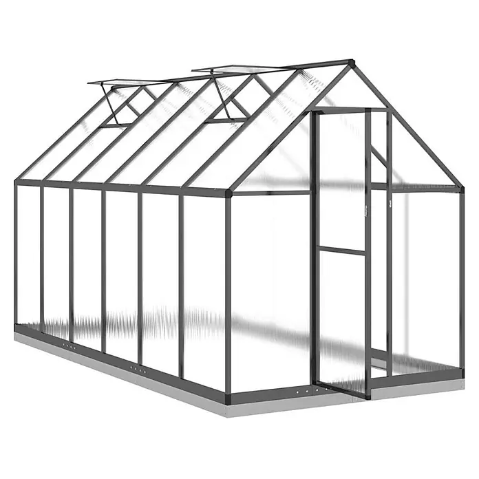 Furnicato Gewächshaus Polycarbonat Anthrazit - 169 x 334 cm, Material Seitenwand: Kunststoff, 38 mm, anthrazit - Dunkelgraues Gewächshaus mit transparenten Paneelen, zwei Dachfenstern und Flügeltür zur Pflanzenzucht.