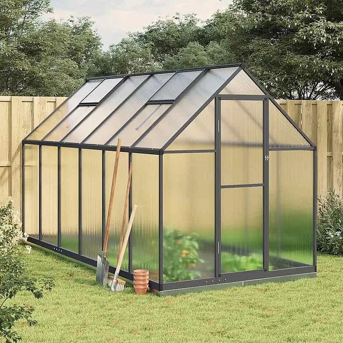 Furnicato Gewächshaus Polycarbonat Anthrazit - 169 x 334 cm, Material Seitenwand: Kunststoff, 38 mm, anthrazit - Großes begehbares Gewächshaus mit anthrazitfarbenem Rahmen und durchsichtigen Polycarbonatplatten im Garten.
